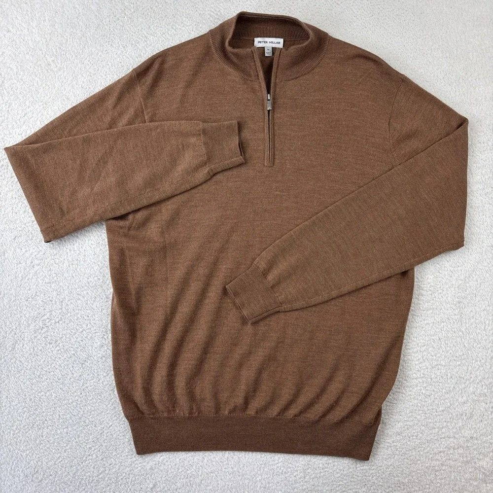 PETER MILLAR Autumn Crest 1/4 Zip Sweater Mens Medium Brown Luxury Wool Pullover